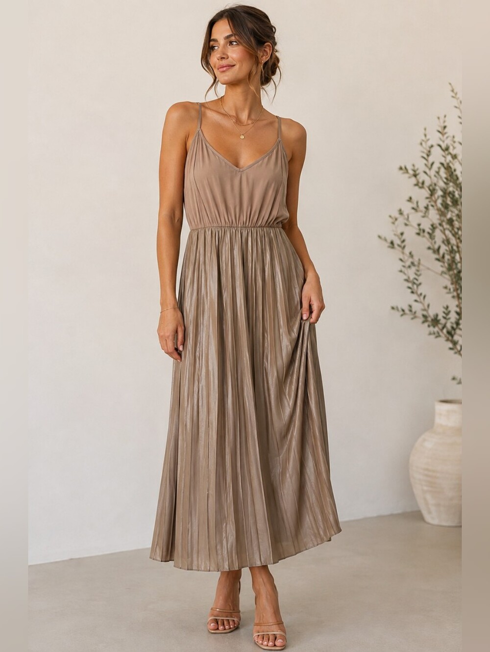 IPEKYOL Pleated Midi Dress Taupe Brown Spaghetti Strap Size 8